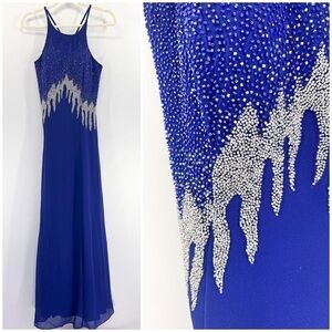 ASPEED blue hand beaded maxi gown sleeveless fit and flare size x-small